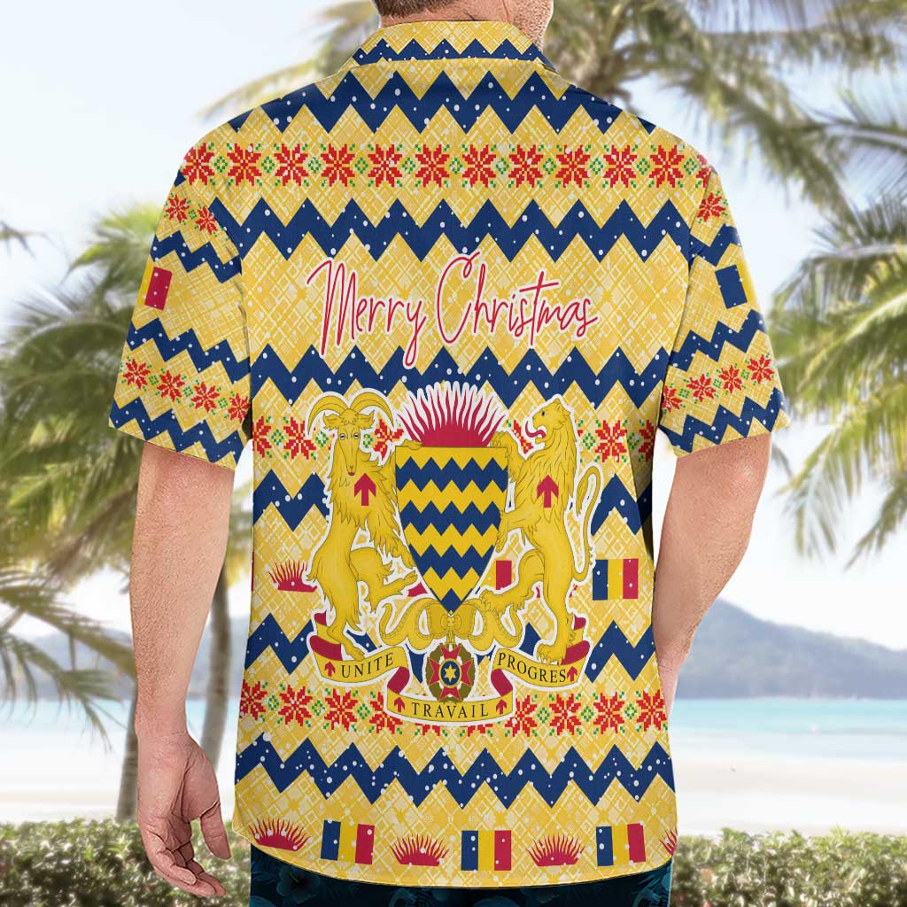 Chad Christmas Hawaiian Shirt with Yellow-Blue Geometric Design, National Coat of Arms, and Festive Motif - Wonder Print Shop