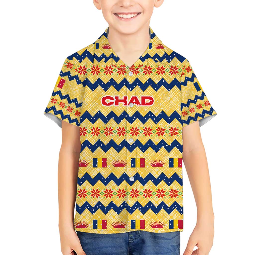 Chad Christmas Hawaiian Shirt with Yellow-Blue Geometric Design, National Coat of Arms, and Festive Motif - Wonder Print Shop