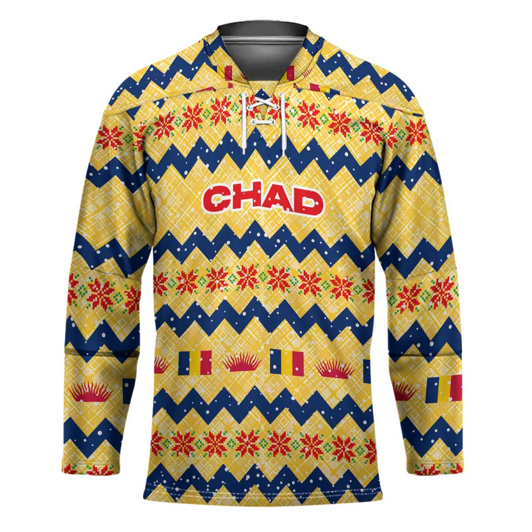 Chad Christmas Hockey Jersey with Yellow-Blue Geometric Design, National Coat of Arms, and Festive Motif - Wonder Print Shop