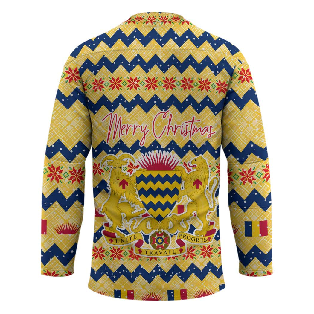Chad Christmas Hockey Jersey with Yellow-Blue Geometric Design, National Coat of Arms, and Festive Motif - Wonder Print Shop