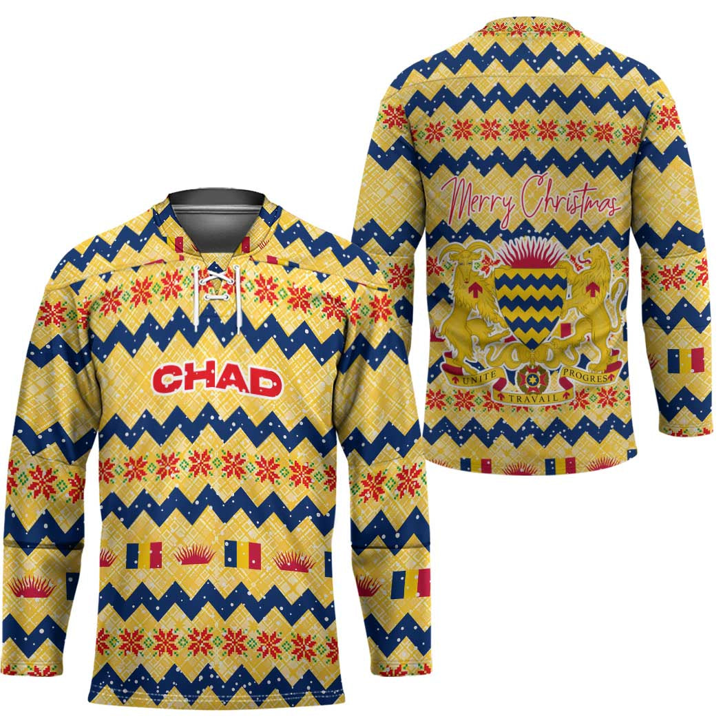 Chad Christmas Hockey Jersey with Yellow-Blue Geometric Design, National Coat of Arms, and Festive Motif - Wonder Print Shop