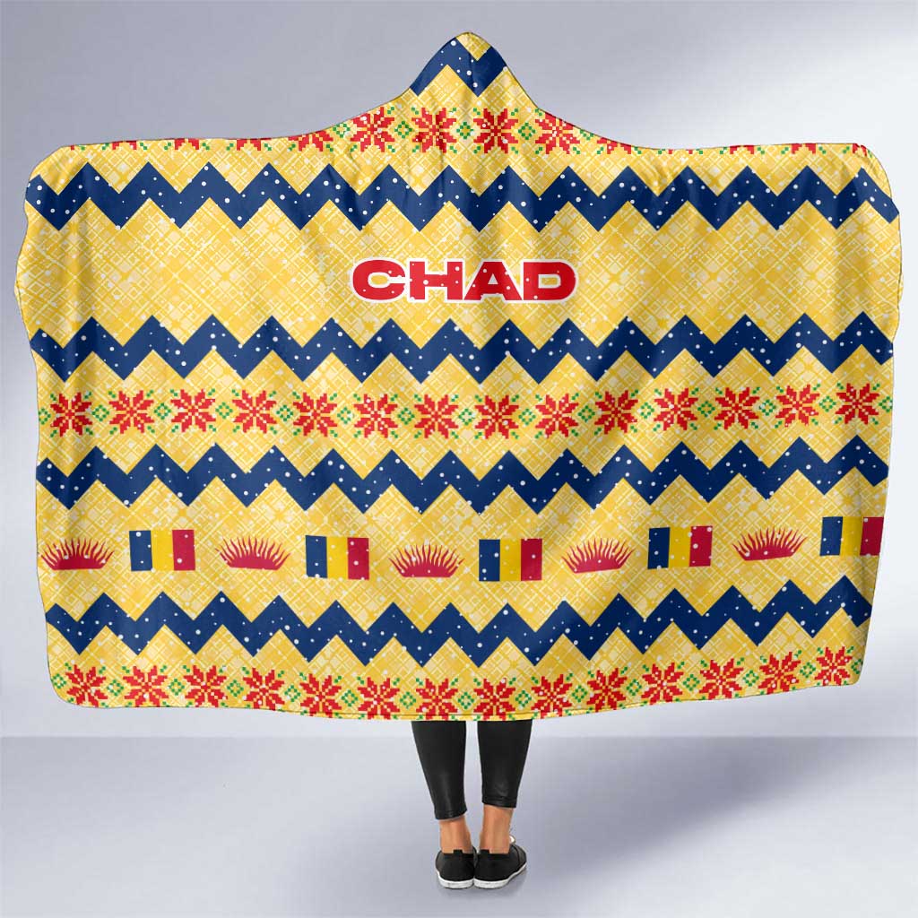 Chad Christmas Hooded Blanket with Yellow-Blue Geometric Design, National Coat of Arms, and Festive Motif - Wonder Print Shop