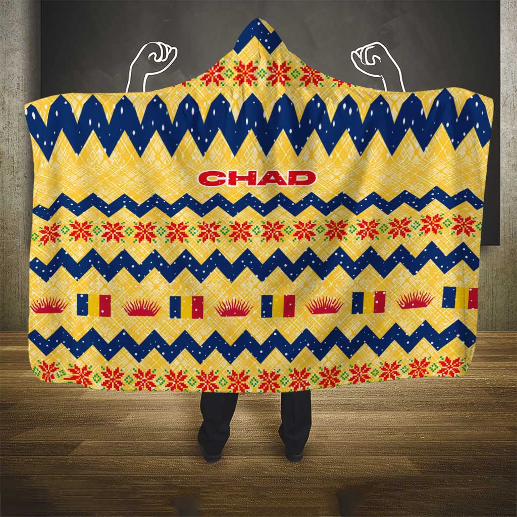 Chad Christmas Hooded Blanket with Yellow-Blue Geometric Design, National Coat of Arms, and Festive Motif - Wonder Print Shop