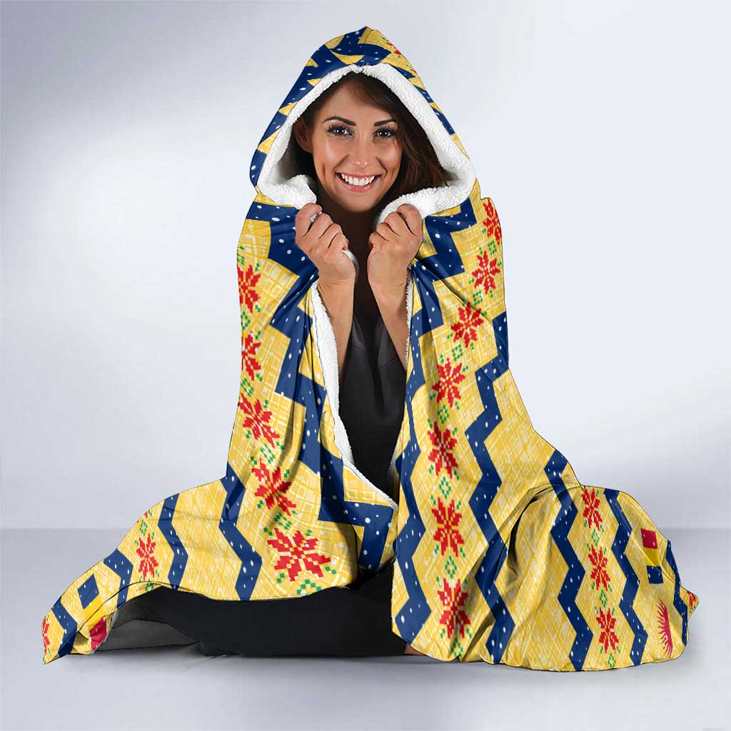 Chad Christmas Hooded Blanket with Yellow-Blue Geometric Design, National Coat of Arms, and Festive Motif - Wonder Print Shop