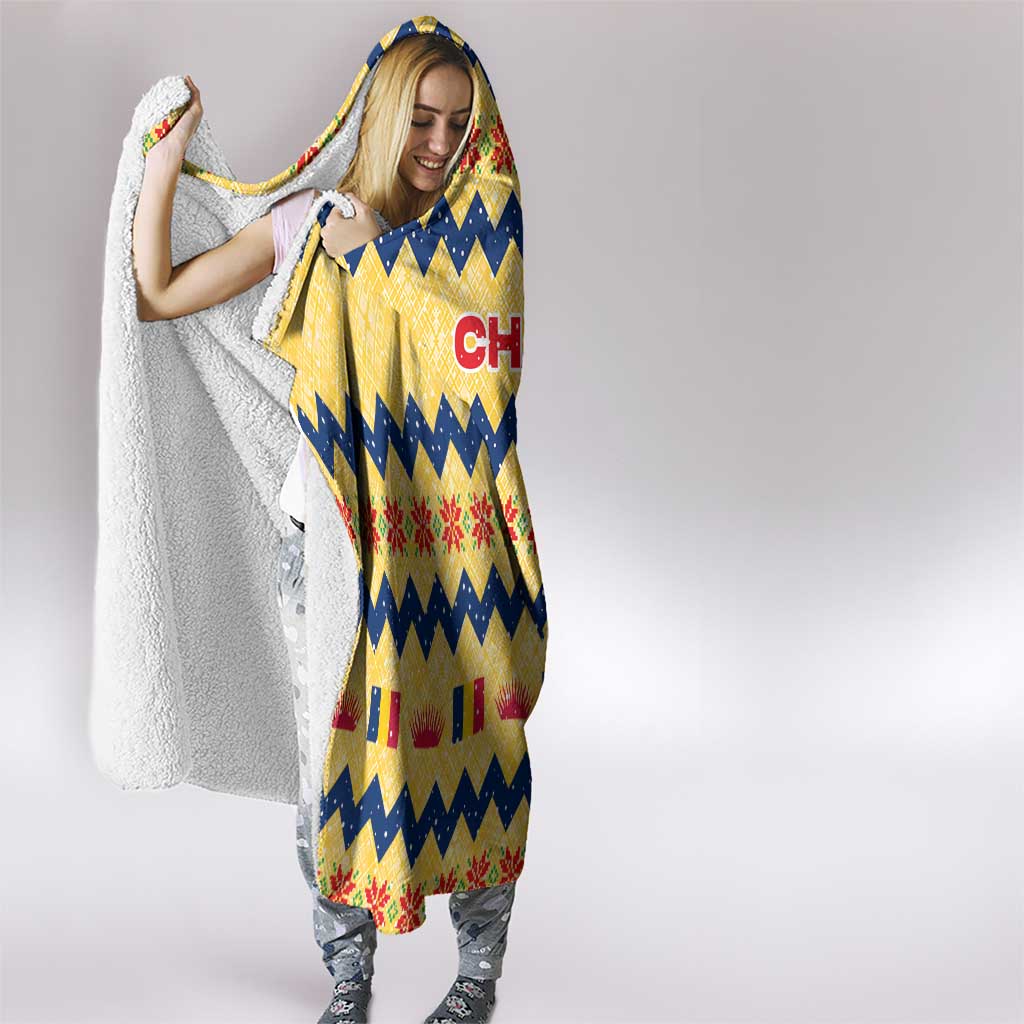 Chad Christmas Hooded Blanket with Yellow-Blue Geometric Design, National Coat of Arms, and Festive Motif - Wonder Print Shop