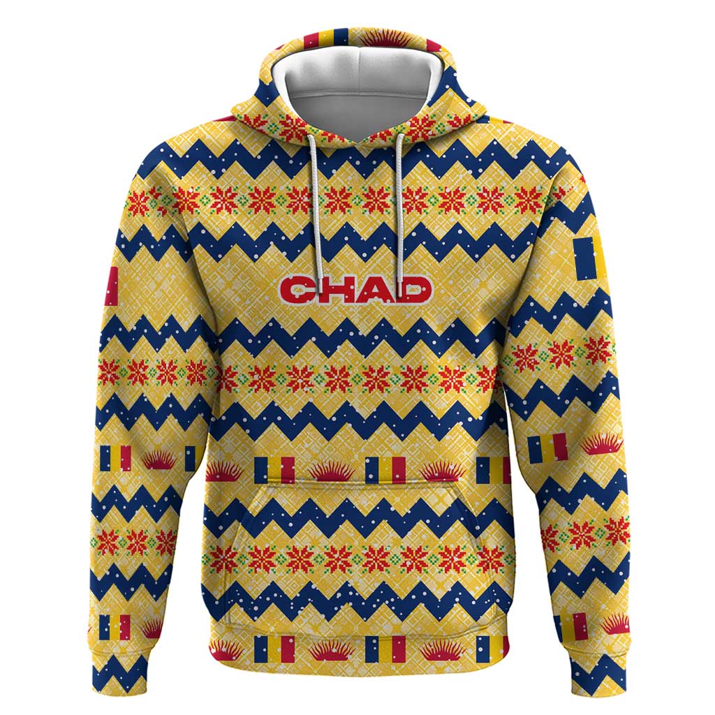 Chad Christmas Hoodie with Yellow-Blue Geometric Design, National Coat of Arms, and Festive Motif - Wonder Print Shop