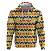 Chad Christmas Hoodie with Yellow-Blue Geometric Design, National Coat of Arms, and Festive Motif - Wonder Print Shop