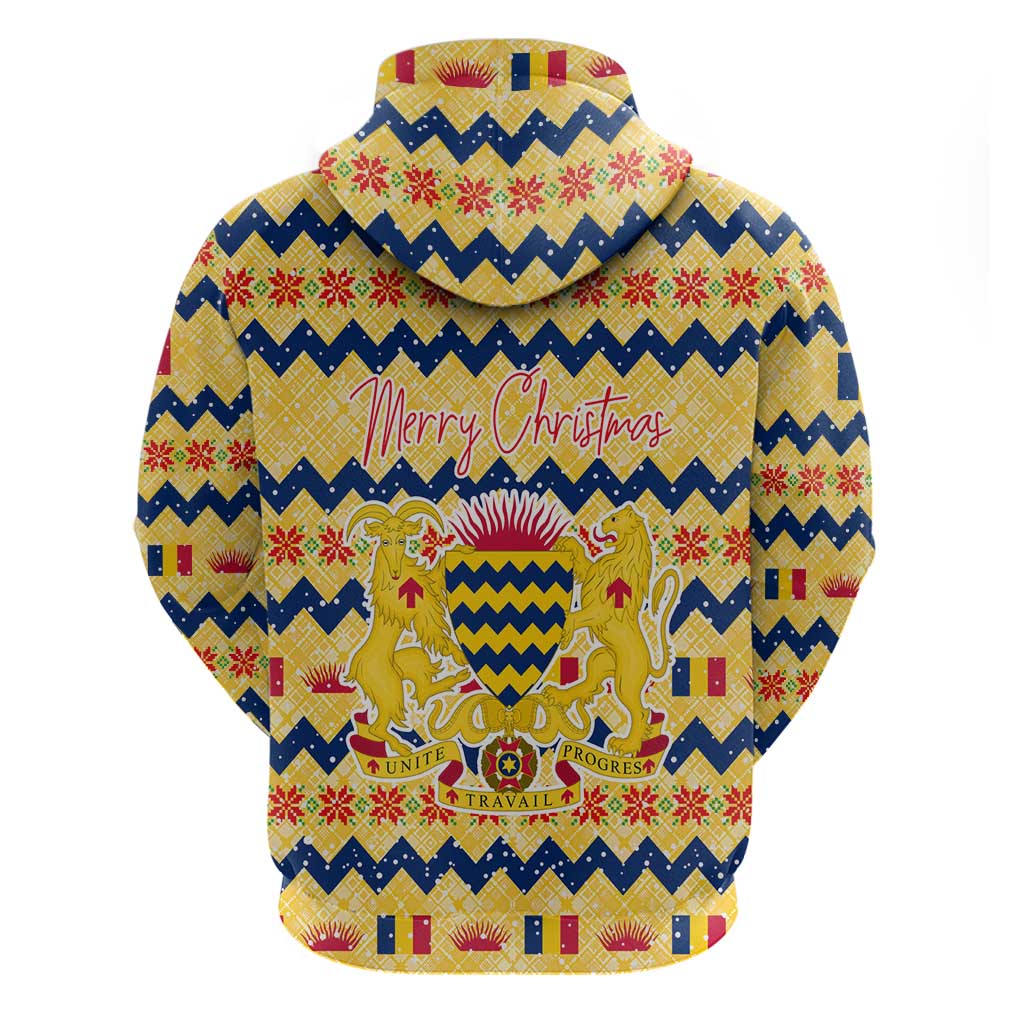 Chad Christmas Hoodie with Yellow-Blue Geometric Design, National Coat of Arms, and Festive Motif - Wonder Print Shop