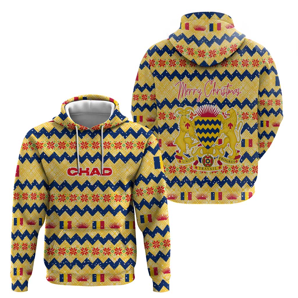 Chad Christmas Hoodie with Yellow-Blue Geometric Design, National Coat of Arms, and Festive Motif - Wonder Print Shop