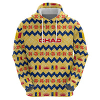 Chad Christmas Hoodie with Yellow-Blue Geometric Design, National Coat of Arms, and Festive Motif - Wonder Print Shop