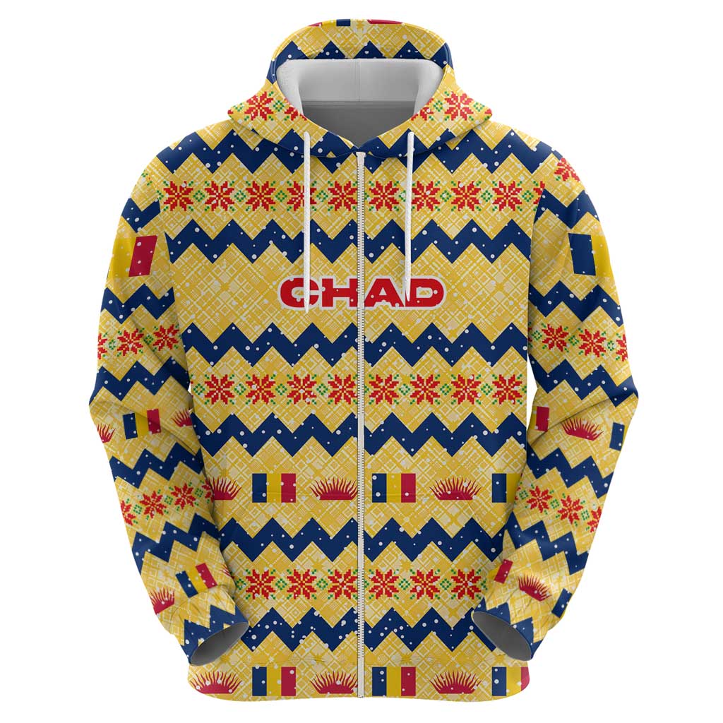 Chad Christmas Hoodie with Yellow-Blue Geometric Design, National Coat of Arms, and Festive Motif - Wonder Print Shop