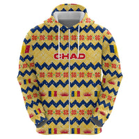 Chad Christmas Hoodie with Yellow-Blue Geometric Design, National Coat of Arms, and Festive Motif - Wonder Print Shop