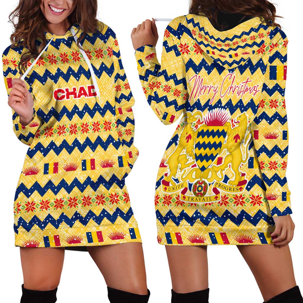 Chad Christmas Hoodie Dress with Yellow-Blue Geometric Design, National Coat of Arms, and Festive Motif - Wonder Print Shop