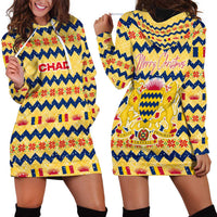 Chad Christmas Hoodie Dress with Yellow-Blue Geometric Design, National Coat of Arms, and Festive Motif - Wonder Print Shop