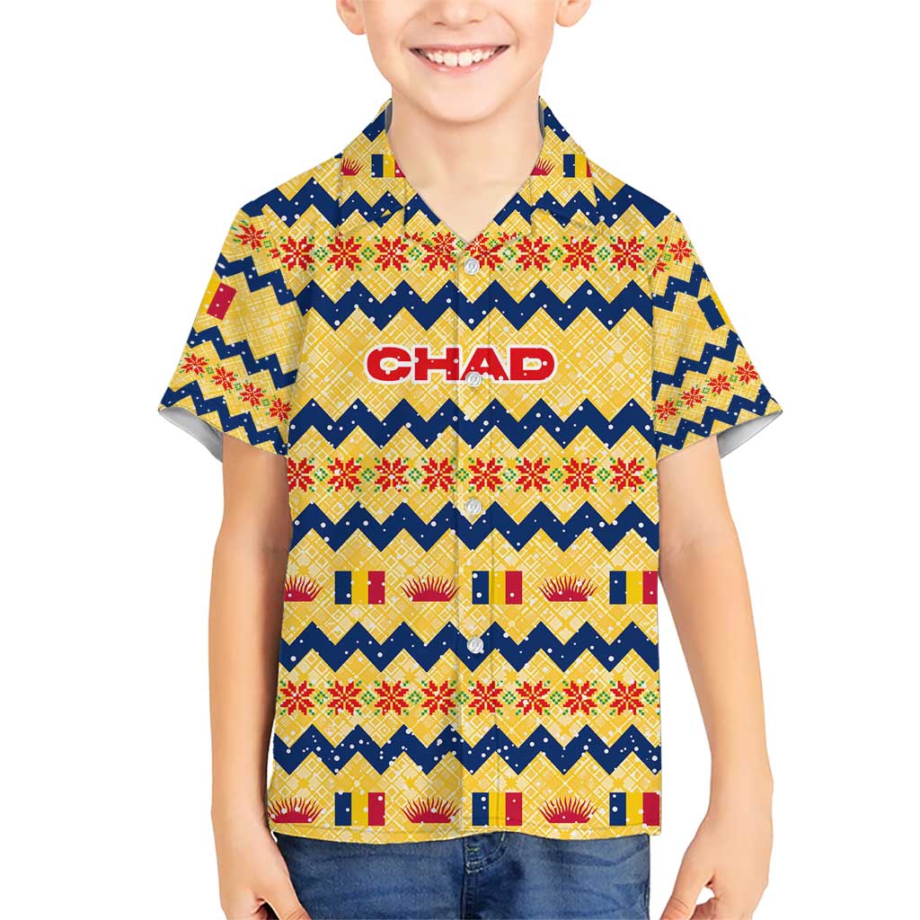Chad Christmas Kid Hawaiian Shirt with Yellow-Blue Geometric Design, National Coat of Arms, and Festive Motif - Wonder Print Shop