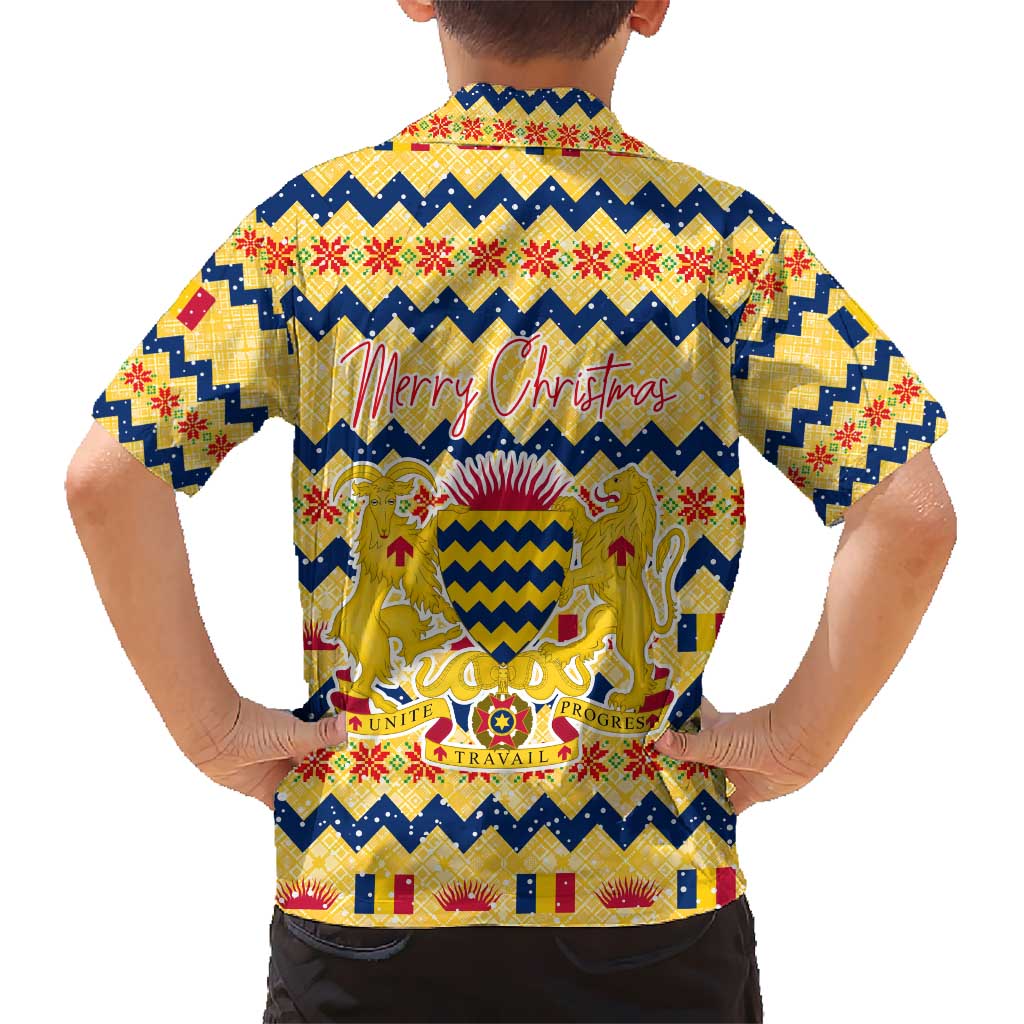 Chad Christmas Kid Hawaiian Shirt with Yellow-Blue Geometric Design, National Coat of Arms, and Festive Motif - Wonder Print Shop