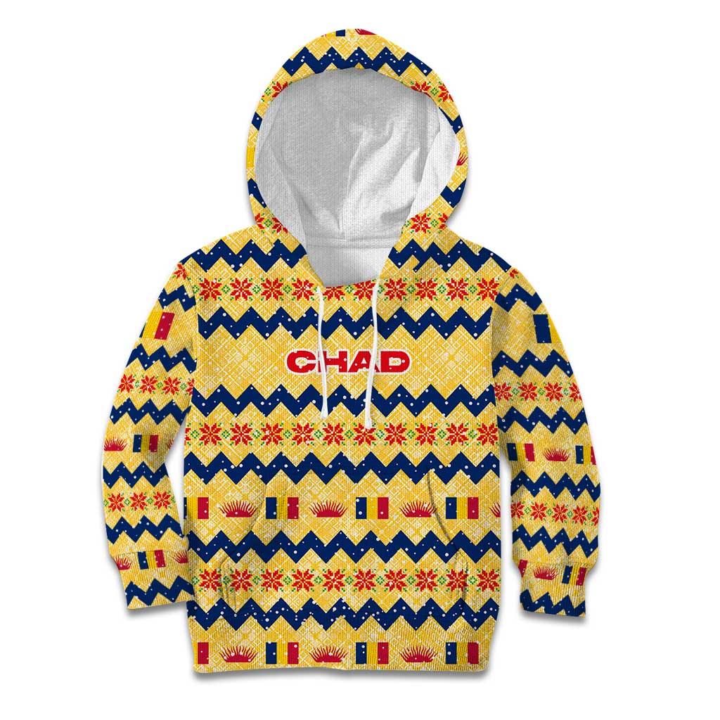 Chad Christmas Kid Hoodie with Yellow-Blue Geometric Design, National Coat of Arms, and Festive Motif - Wonder Print Shop