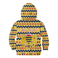 Chad Christmas Kid Hoodie with Yellow-Blue Geometric Design, National Coat of Arms, and Festive Motif - Wonder Print Shop