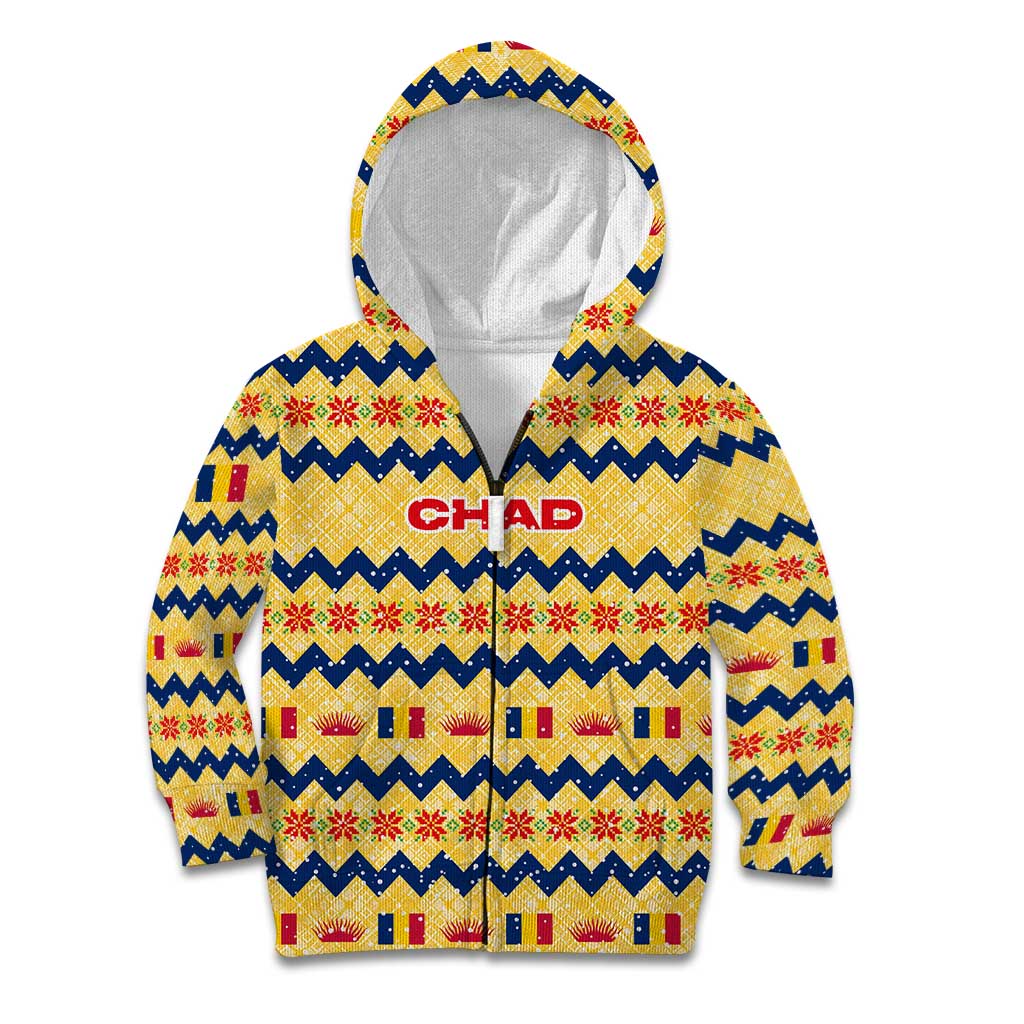 Chad Christmas Kid Hoodie with Yellow-Blue Geometric Design, National Coat of Arms, and Festive Motif - Wonder Print Shop