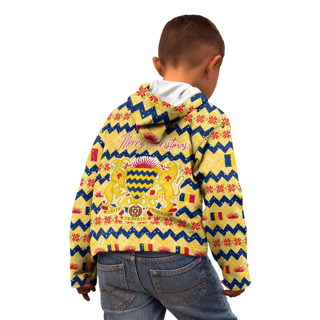 Chad Christmas Kid Hoodie with Yellow-Blue Geometric Design, National Coat of Arms, and Festive Motif - Wonder Print Shop