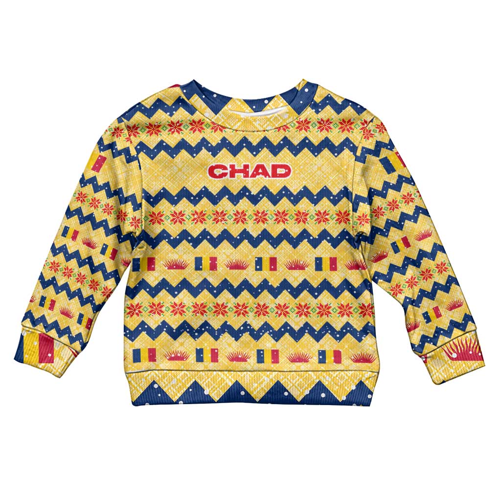Chad Christmas Kid Ugly Christmas Sweater with Yellow-Blue Geometric Design, National Coat of Arms, and Festive Motif - Wonder Print Shop