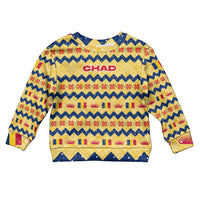 Chad Christmas Kid Ugly Christmas Sweater with Yellow-Blue Geometric Design, National Coat of Arms, and Festive Motif - Wonder Print Shop