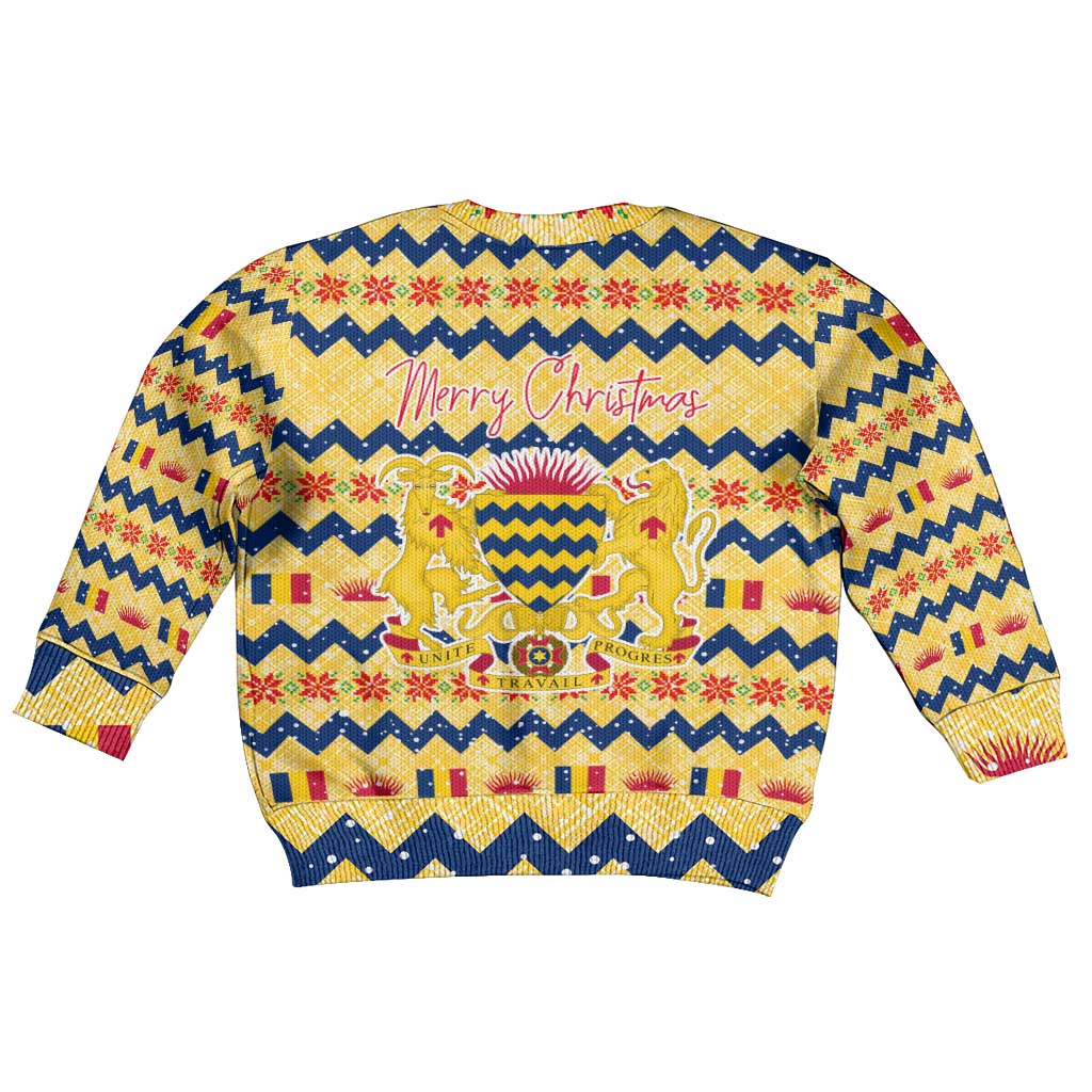 Chad Christmas Kid Ugly Christmas Sweater with Yellow-Blue Geometric Design, National Coat of Arms, and Festive Motif - Wonder Print Shop