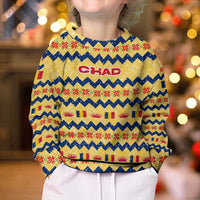 Chad Christmas Kid Ugly Christmas Sweater with Yellow-Blue Geometric Design, National Coat of Arms, and Festive Motif - Wonder Print Shop