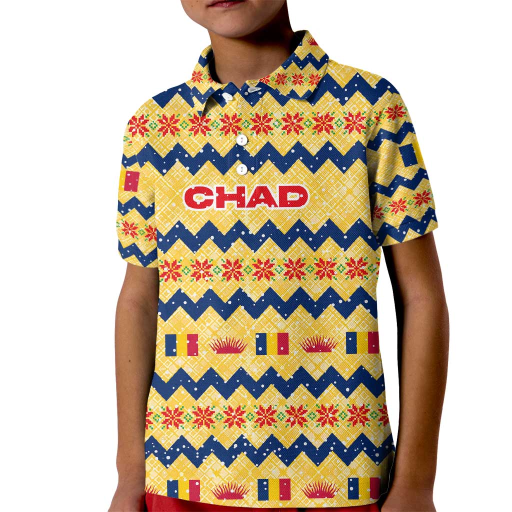 Chad Christmas Kid Polo Shirt with Yellow-Blue Geometric Design, National Coat of Arms, and Festive Motif - Wonder Print Shop