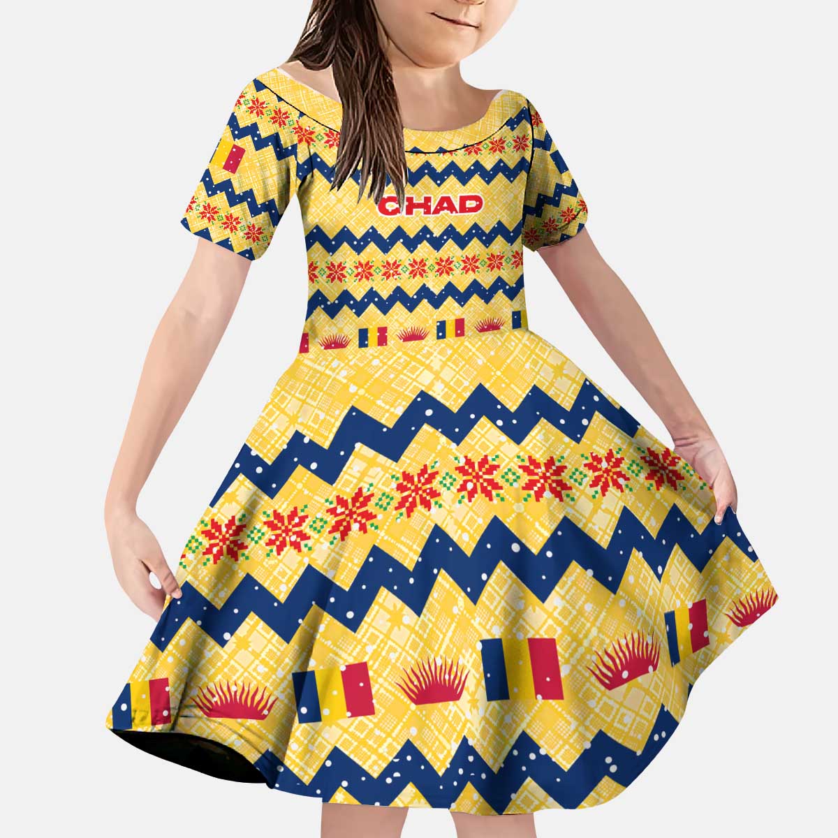 Chad Christmas Kid Short Sleeve Dress with Yellow-Blue Geometric Design, National Coat of Arms, and Festive Motif - Wonder Print Shop