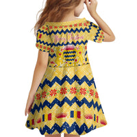 Chad Christmas Kid Short Sleeve Dress with Yellow-Blue Geometric Design, National Coat of Arms, and Festive Motif - Wonder Print Shop
