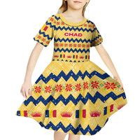 Chad Christmas Kid Short Sleeve Dress with Yellow-Blue Geometric Design, National Coat of Arms, and Festive Motif - Wonder Print Shop