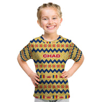 Chad Christmas Kid T Shirt with Yellow-Blue Geometric Design, National Coat of Arms, and Festive Motif - Wonder Print Shop