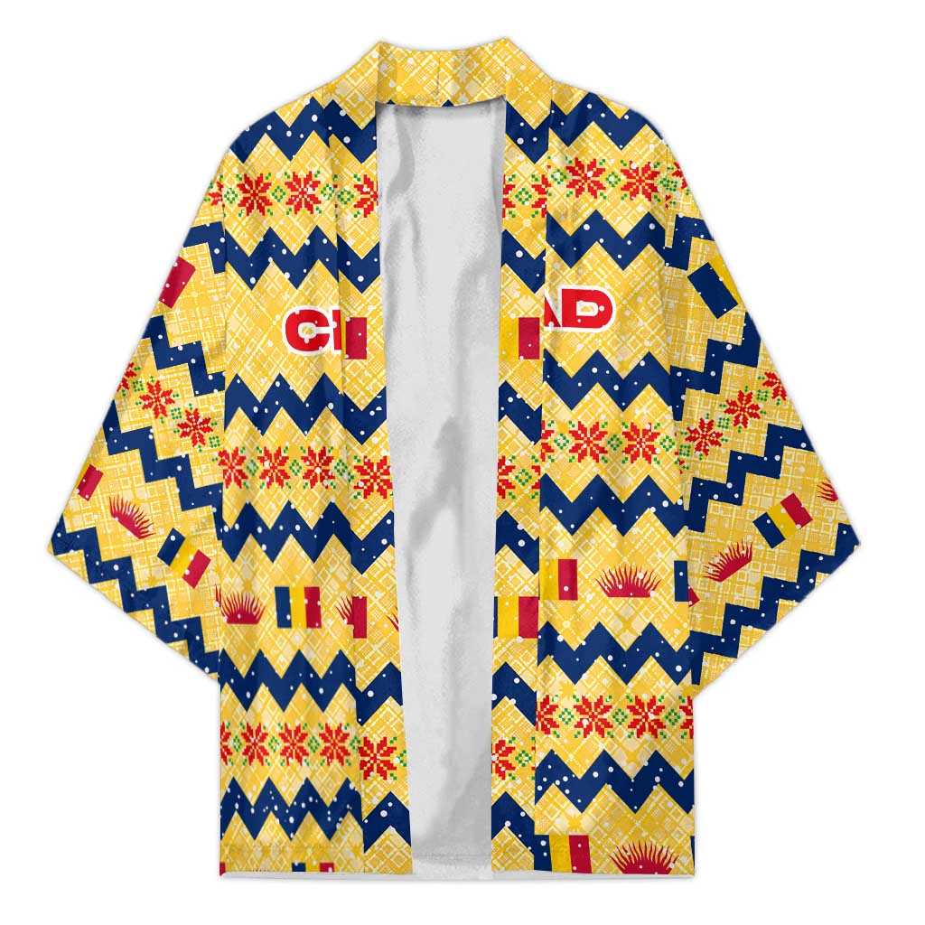 Chad Christmas Kimono with Yellow-Blue Geometric Design, National Coat of Arms, and Festive Motif - Wonder Print Shop