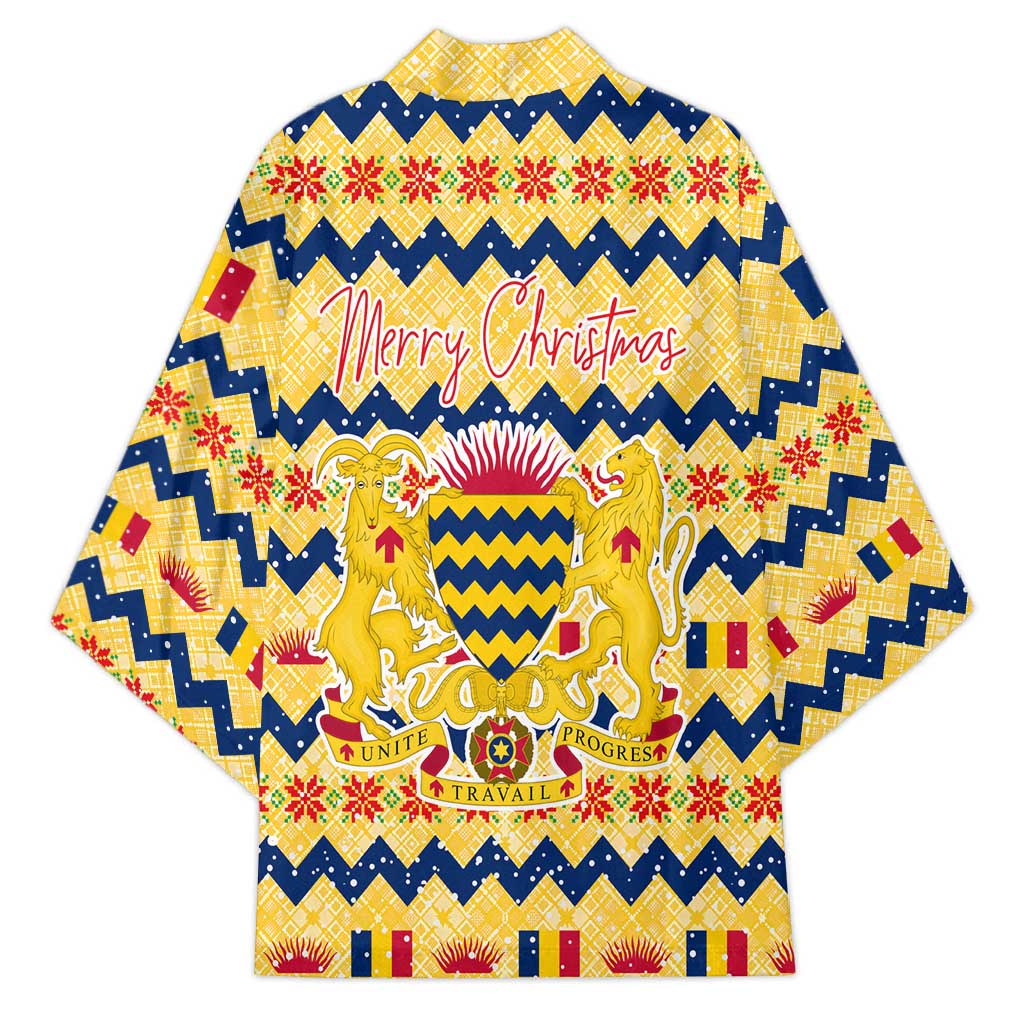 Chad Christmas Kimono with Yellow-Blue Geometric Design, National Coat of Arms, and Festive Motif - Wonder Print Shop