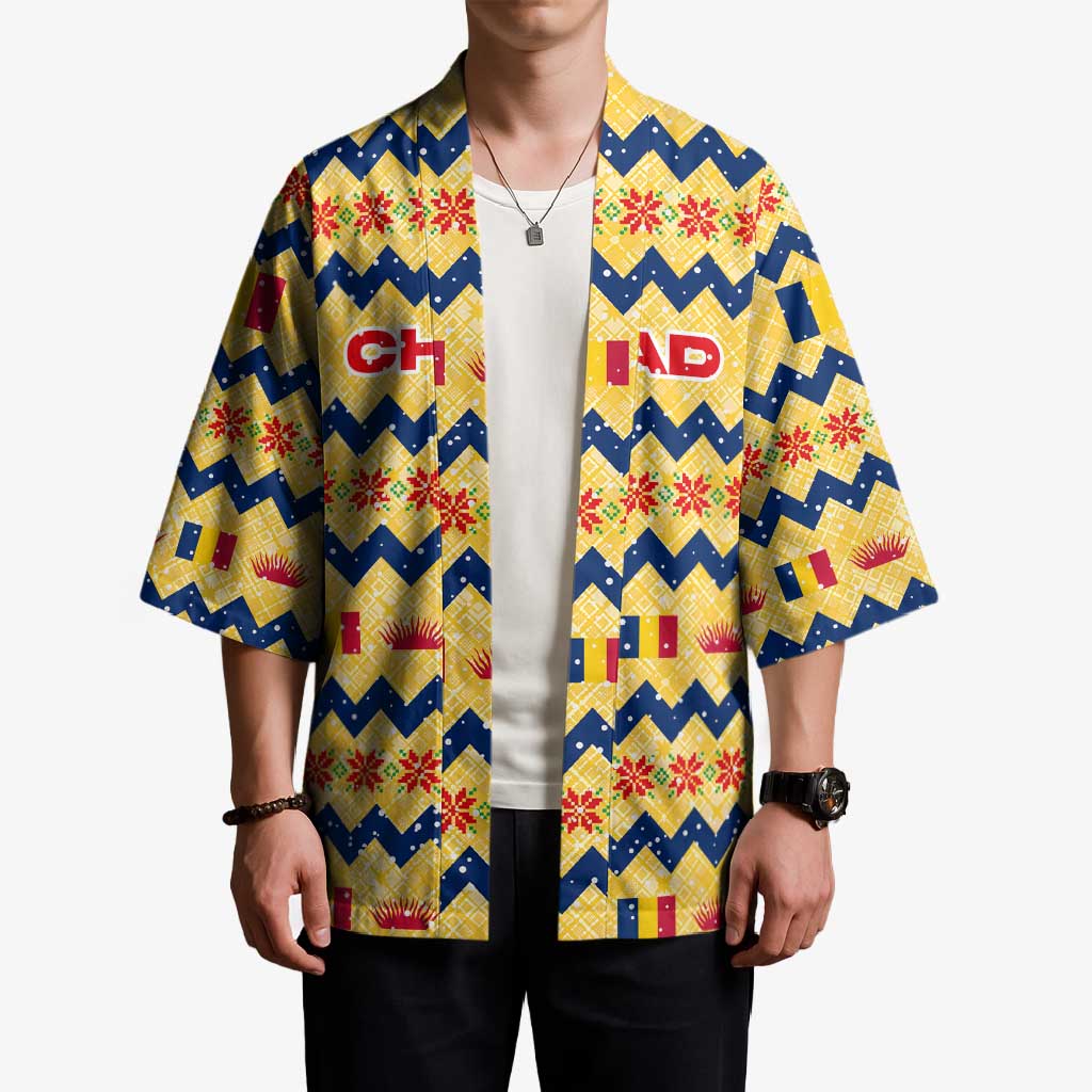 Chad Christmas Kimono with Yellow-Blue Geometric Design, National Coat of Arms, and Festive Motif - Wonder Print Shop