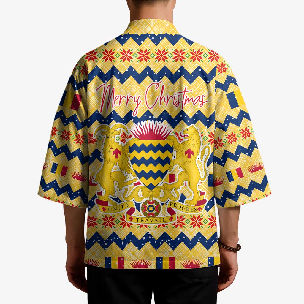 Chad Christmas Kimono with Yellow-Blue Geometric Design, National Coat of Arms, and Festive Motif - Wonder Print Shop