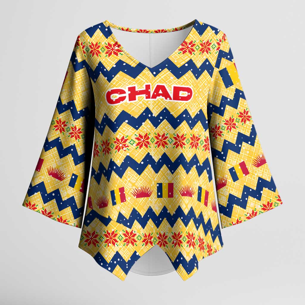 Chad Christmas Kimono Sleeve Blouse with Yellow-Blue Geometric Design, National Coat of Arms, and Festive Motif - Wonder Print Shop