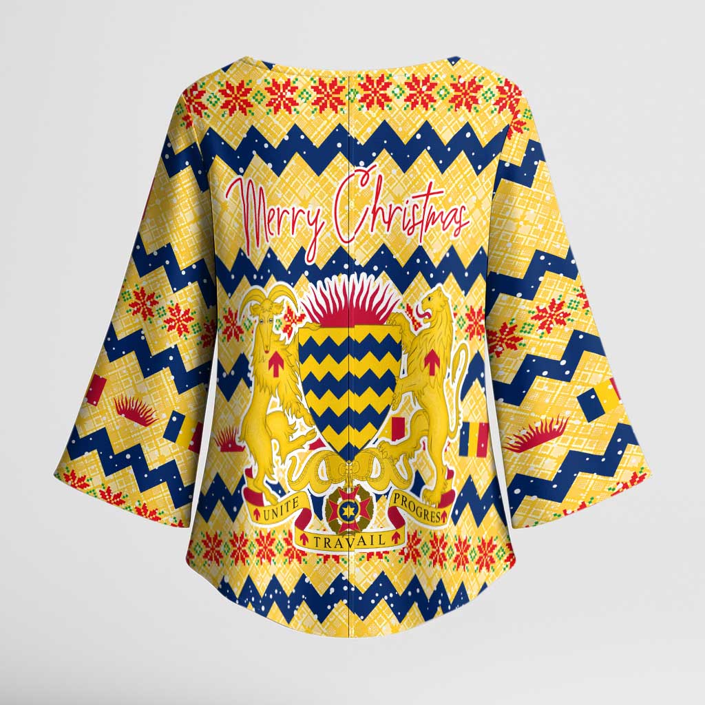 Chad Christmas Kimono Sleeve Blouse with Yellow-Blue Geometric Design, National Coat of Arms, and Festive Motif - Wonder Print Shop