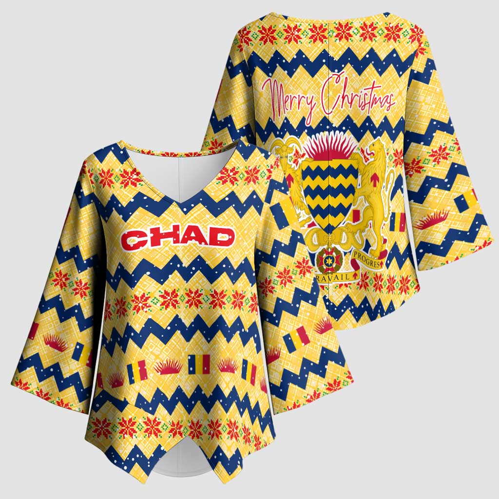 Chad Christmas Kimono Sleeve Blouse with Yellow-Blue Geometric Design, National Coat of Arms, and Festive Motif - Wonder Print Shop