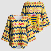 Chad Christmas Kimono Sleeve Blouse with Yellow-Blue Geometric Design, National Coat of Arms, and Festive Motif - Wonder Print Shop