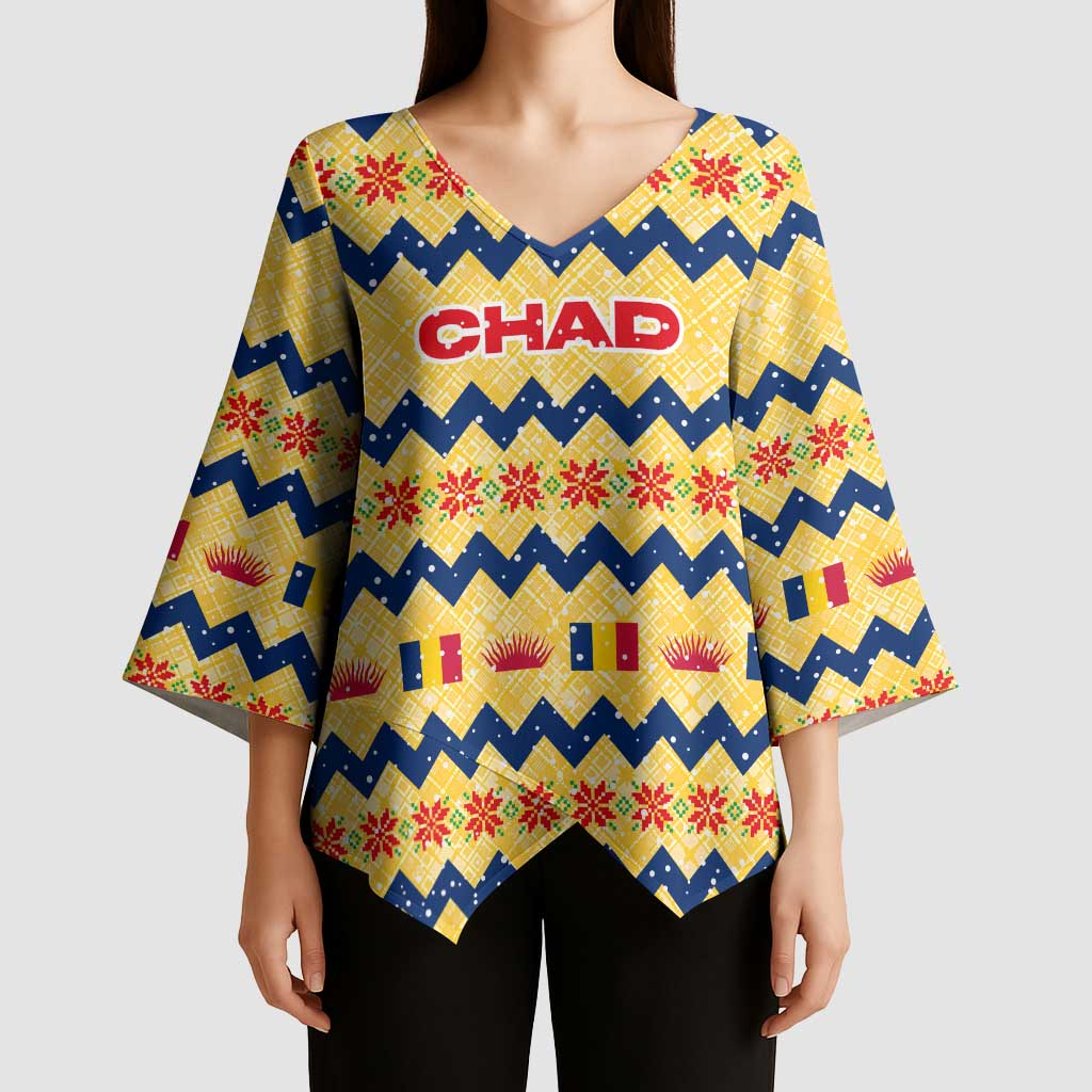 Chad Christmas Kimono Sleeve Blouse with Yellow-Blue Geometric Design, National Coat of Arms, and Festive Motif - Wonder Print Shop