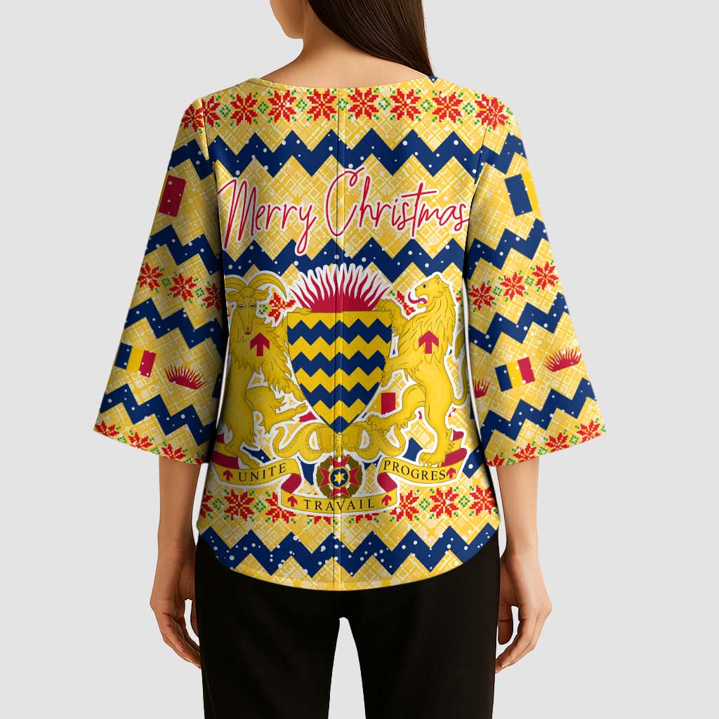 Chad Christmas Kimono Sleeve Blouse with Yellow-Blue Geometric Design, National Coat of Arms, and Festive Motif - Wonder Print Shop