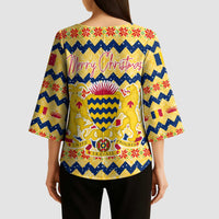 Chad Christmas Kimono Sleeve Blouse with Yellow-Blue Geometric Design, National Coat of Arms, and Festive Motif - Wonder Print Shop