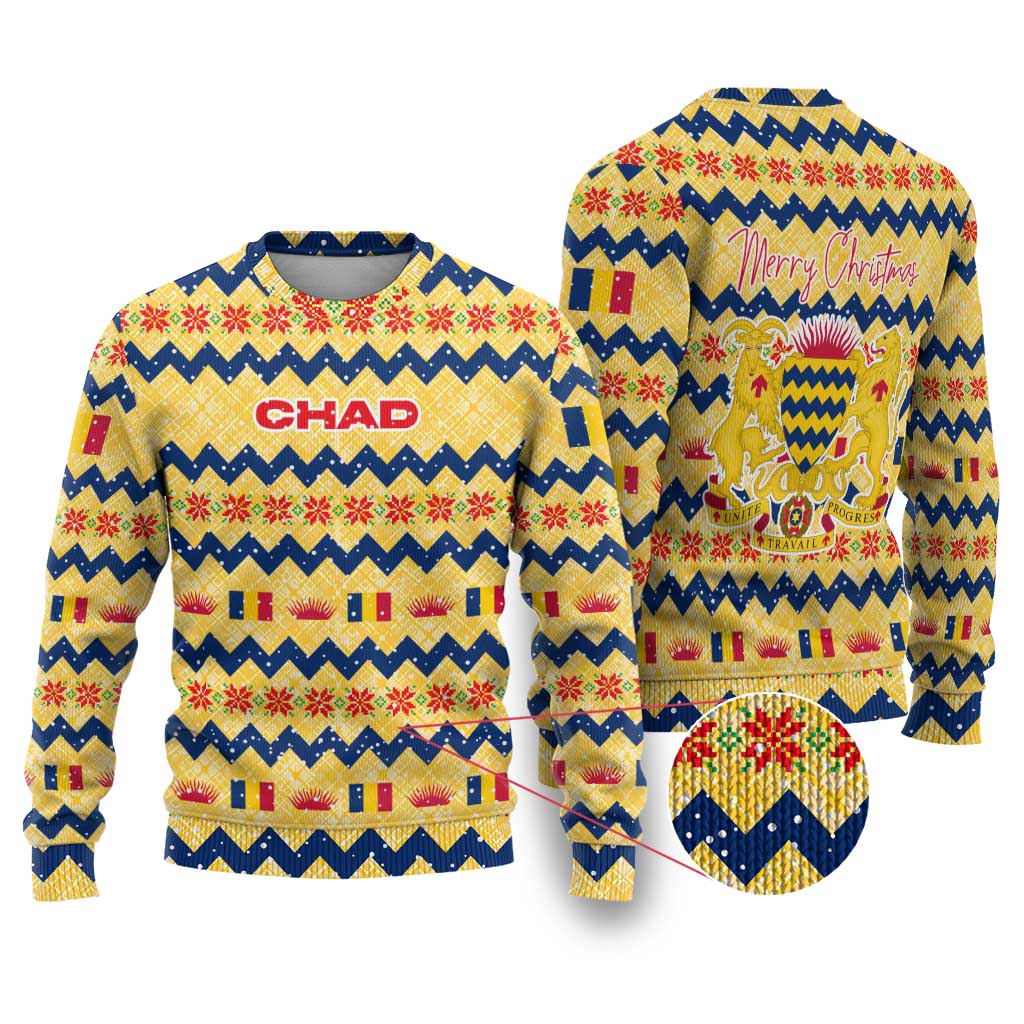 Chad Christmas Ugly Christmas Sweater with Yellow-Blue Geometric Design, National Coat of Arms, and Festive Motif - Wonder Print Shop