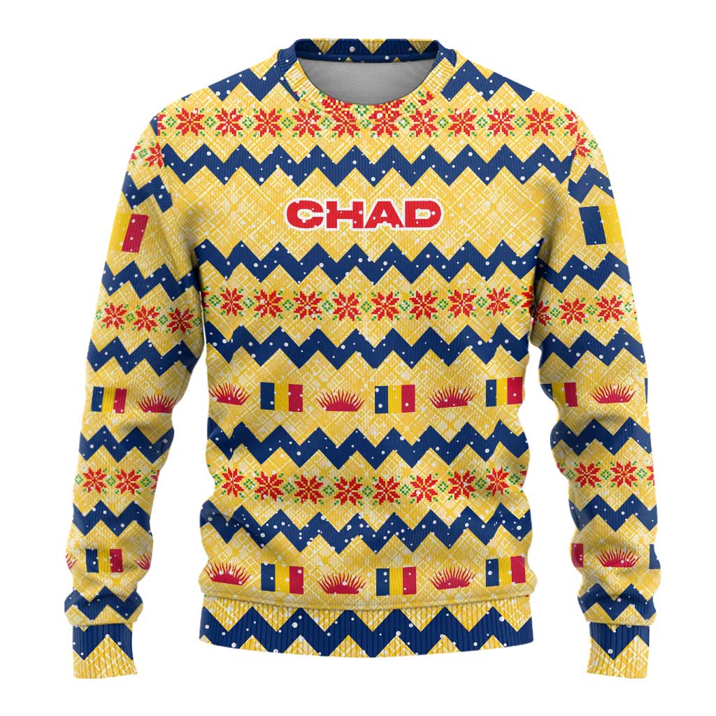 Chad Christmas Ugly Christmas Sweater with Yellow-Blue Geometric Design, National Coat of Arms, and Festive Motif - Wonder Print Shop