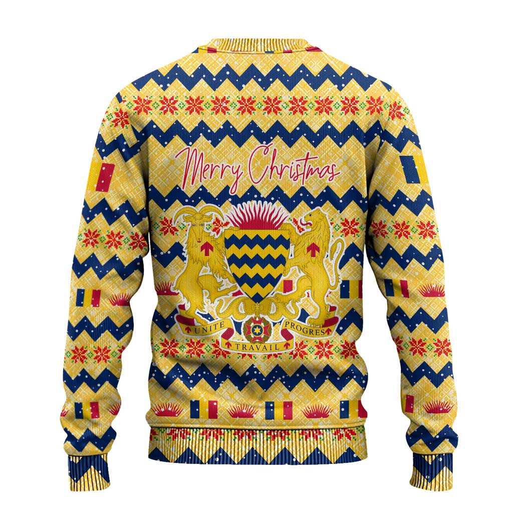 Chad Christmas Ugly Christmas Sweater with Yellow-Blue Geometric Design, National Coat of Arms, and Festive Motif - Wonder Print Shop