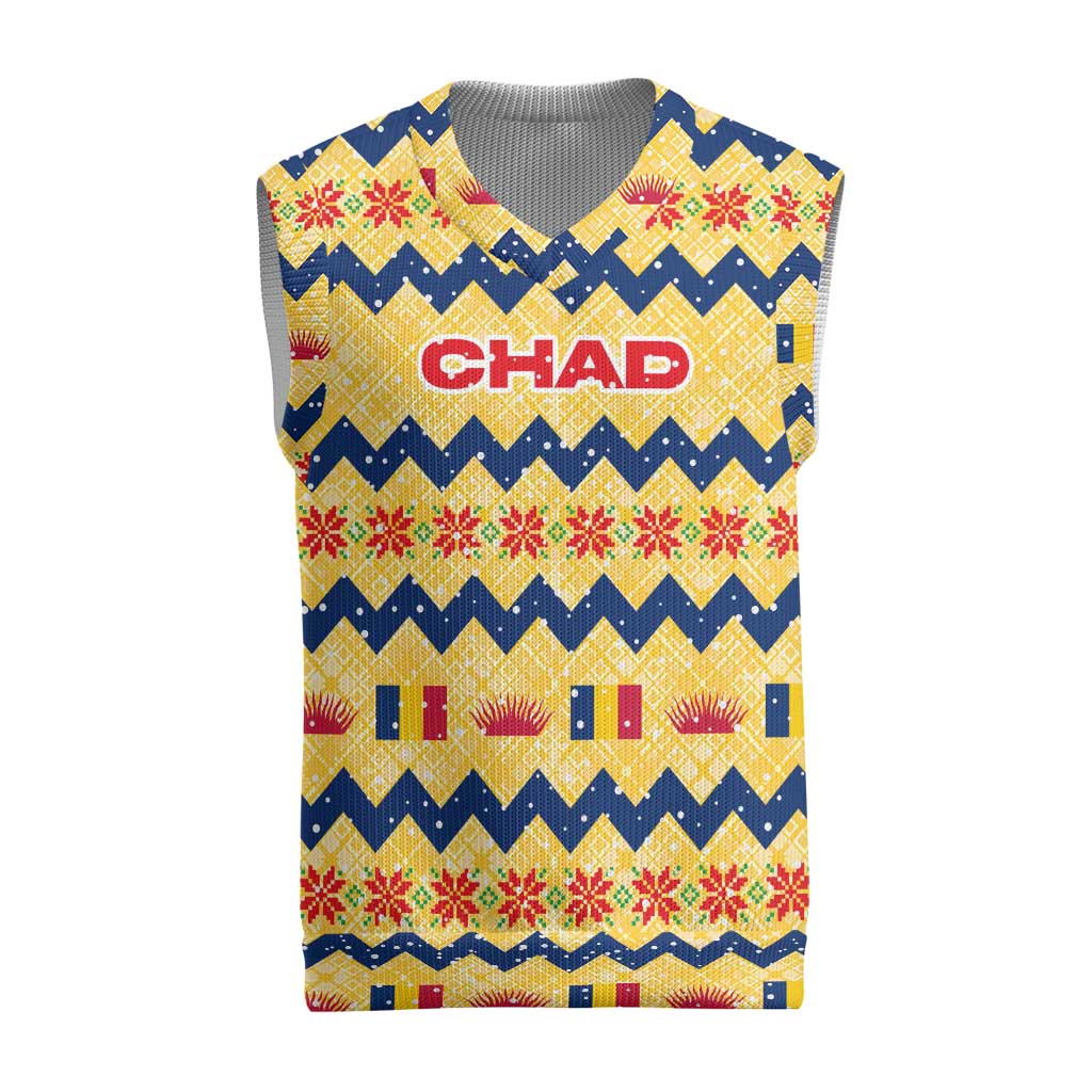 Chad Christmas Knitted V-Neck Vest with Yellow-Blue Geometric Design, National Coat of Arms, and Festive Motif - Wonder Print Shop