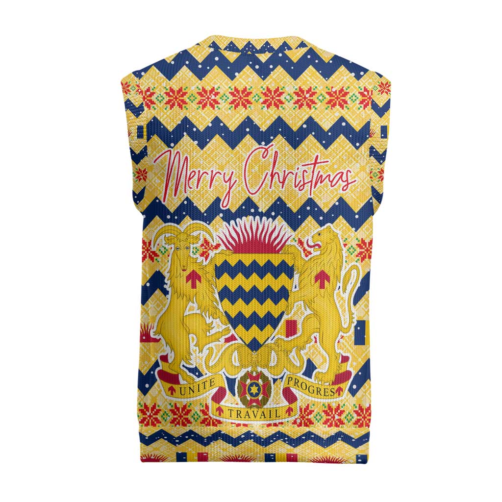 Chad Christmas Knitted V-Neck Vest with Yellow-Blue Geometric Design, National Coat of Arms, and Festive Motif - Wonder Print Shop