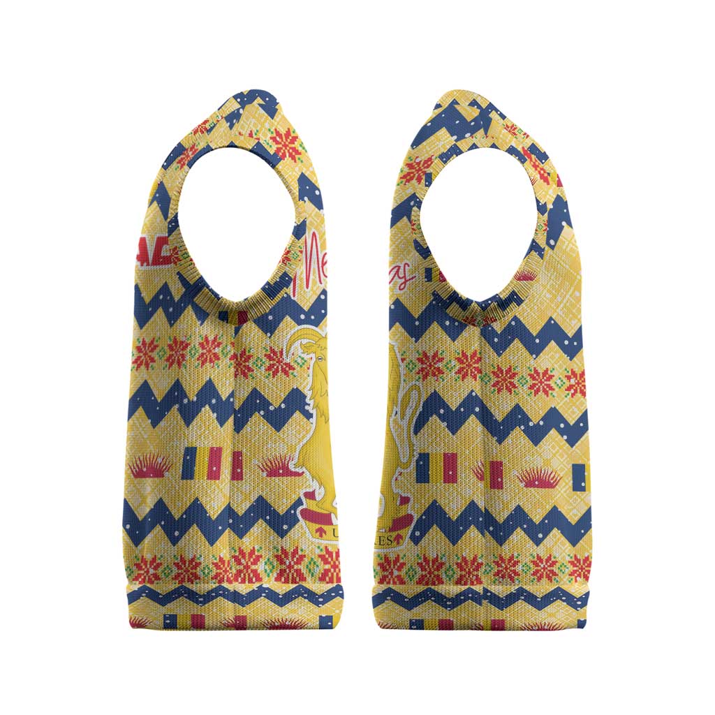 Chad Christmas Knitted V-Neck Vest with Yellow-Blue Geometric Design, National Coat of Arms, and Festive Motif - Wonder Print Shop